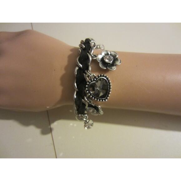 Silver Beaded Charm Bracelet w/ Crystal Heart & Flower Dangles - Picture 4 of 8